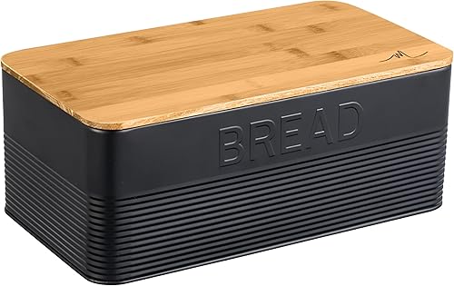 Meraki Home Panera | Tapa de metal y tapa de tabla de cortar de bambú | Almacenamiento de pan de granja para encimera de cocina | Perfecto para pan