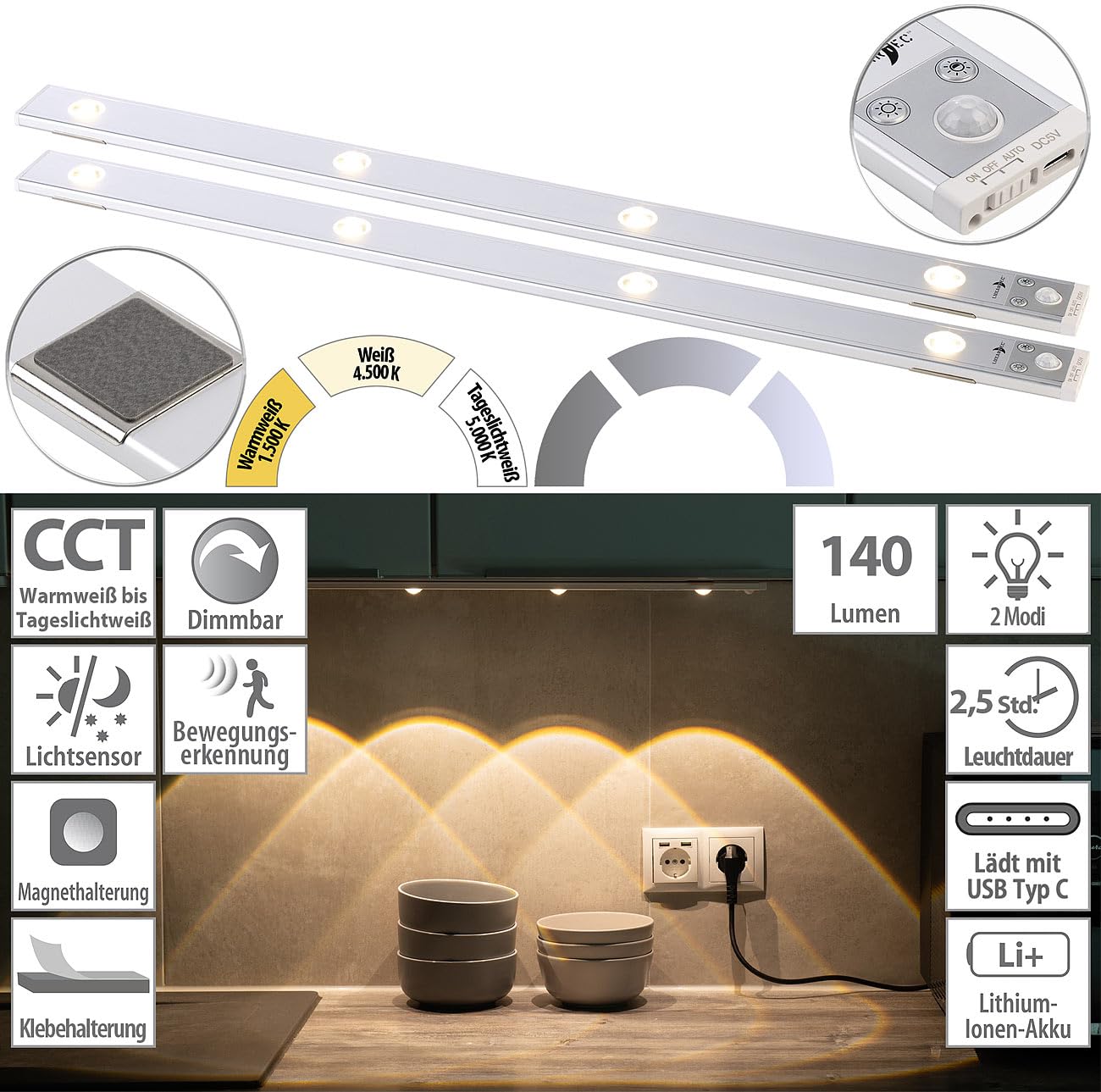 Lunartec strisce luminose cucina led: Set da 2 Fari LED a batteria per sotto mobile, con 4 coni di luce, CCT, dimmerabile (lampada da sotto mobile cucina con sensore, illuminazione a piatta, veicolo)