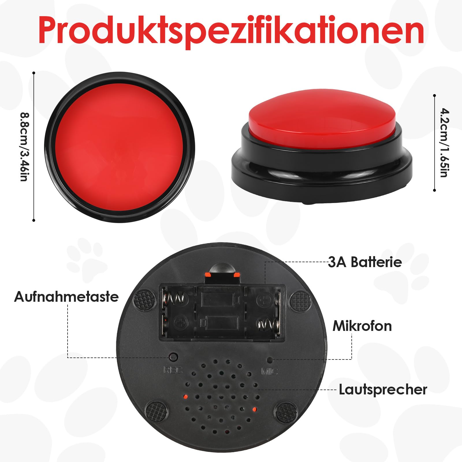 Lot de 6 buzzers avec fonction d'enregistrement, enregistrement et lecture de 30 secondes, entraînement du chien, buzzer avec son, jouet d'intelligence pour chien
