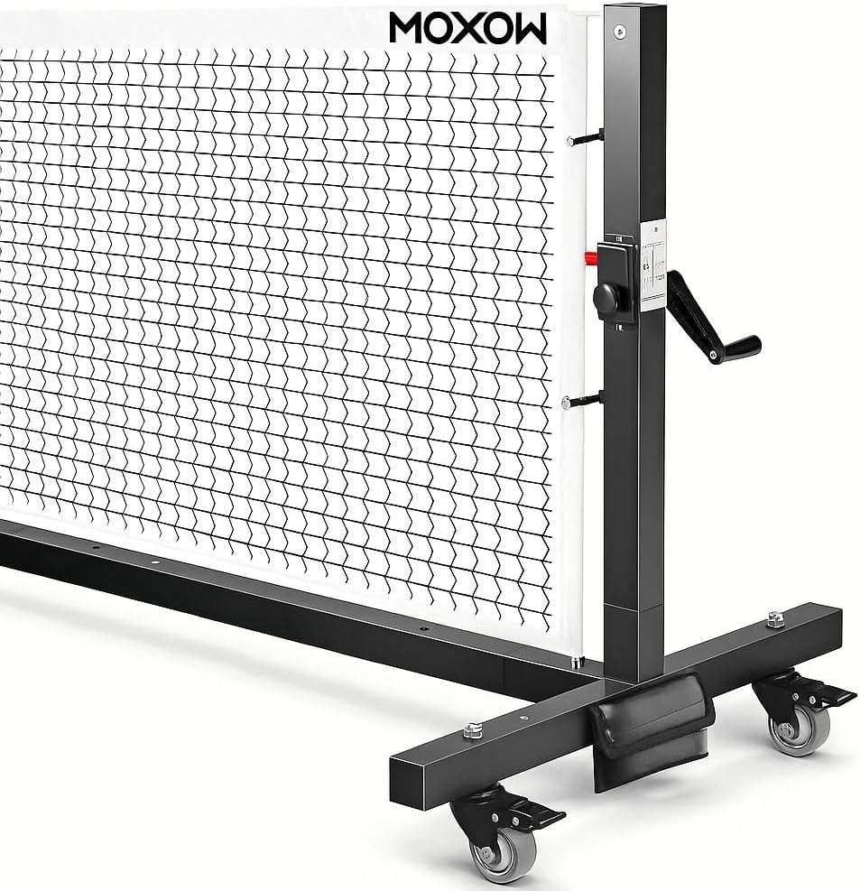 MOXOW Semi-Permanent Pickleball Net for Tournament Play, Heavy-Duty Net with Premium Crank Tension System, All-Weather Rust-Resistant Aluminum Frame with Moveable Wheels