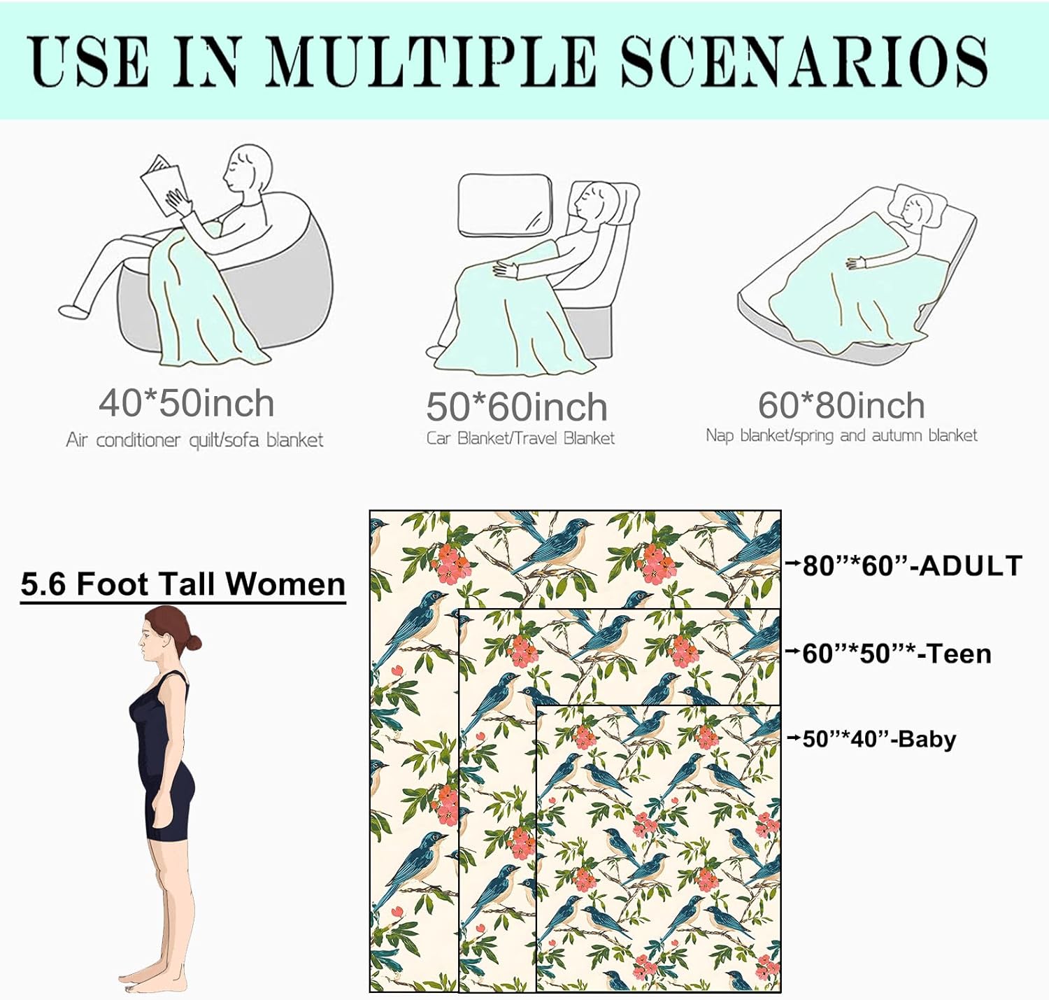 Elegant Bird and Floral Fleece Blanket - 50x60in Bluebird and Blooming Flower Throw Blankets,Soft Cozy Lightweight, Ideal for Living Room Home Rustic Spring Decor and Kids Women Girls Gifts - Image 3