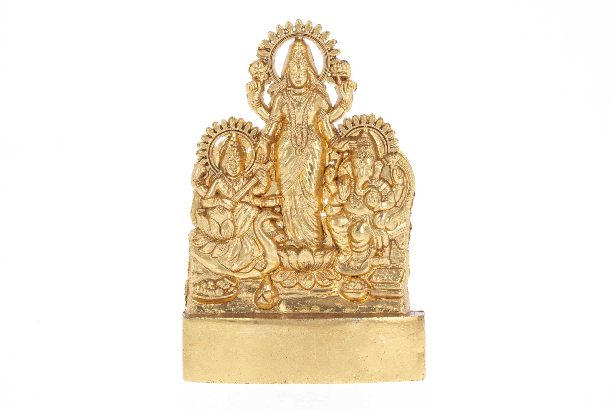 Indiabazaar Golden Lakshmi Ganesha Saraswati Statue Murti Metal Small Laxmi Ganesh Saraswati Hindu God Goddess For Car Dashboard Home Office Desk Mandir Temple Pooja Décor Diwali Wedding Gift