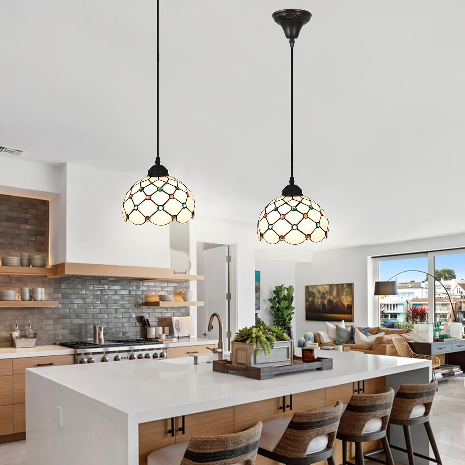 Hanging Lamp Tiffany Stained Glass Hanging Lights 8 Inch Pendant Lighting Fixtures for Kitchen Island Bar Hallway
