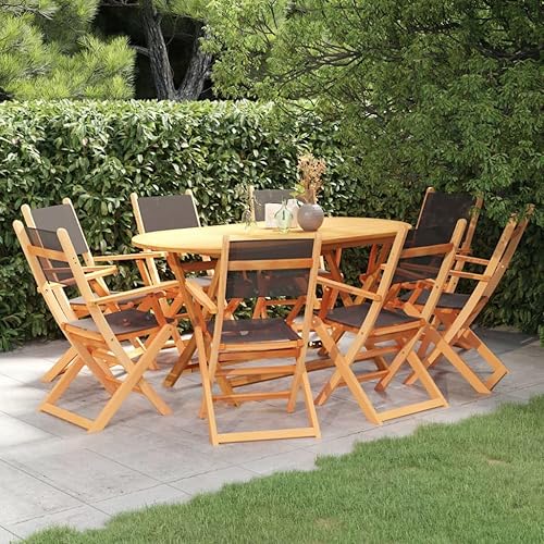9 Piece Patio Dining Set with Folding Black Eucalyptus Wood Table and Textilene Chairs, Modern Outdoor Furniture Set for Garden Balcony Porch