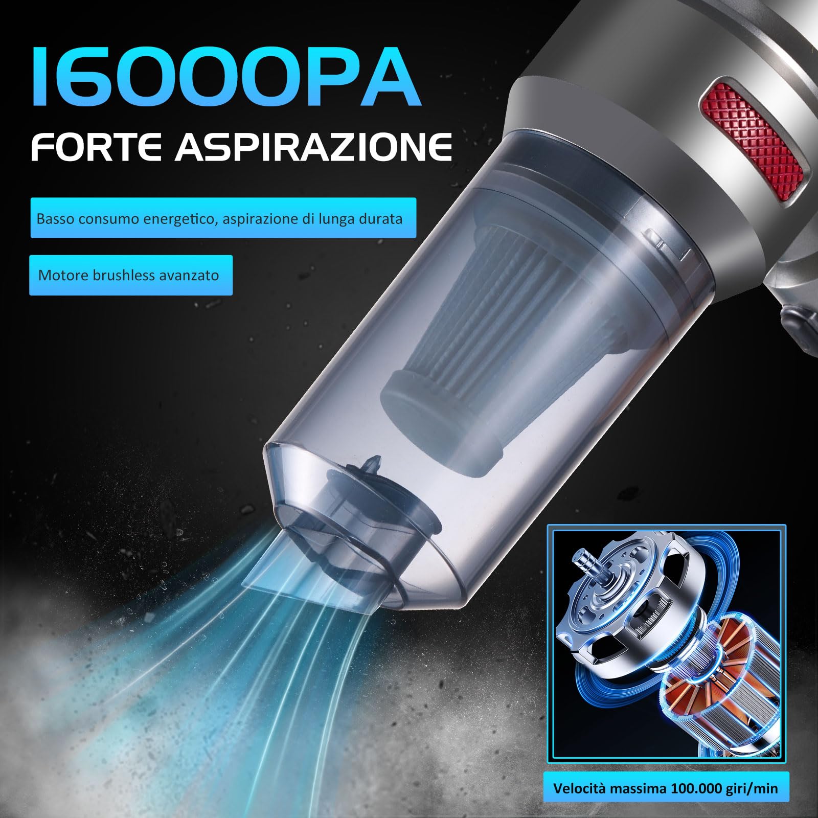 Aspirapolvere Senza Fili Aspirabriciole Portatile: 16000Pa Aspiratore per Auto Potente - Batteria da 6000mAh Mini Aspirapolvere con 3 Filtri HEPA - USB Ricaricabile Aspiratore per Auto Peli Casa Letto