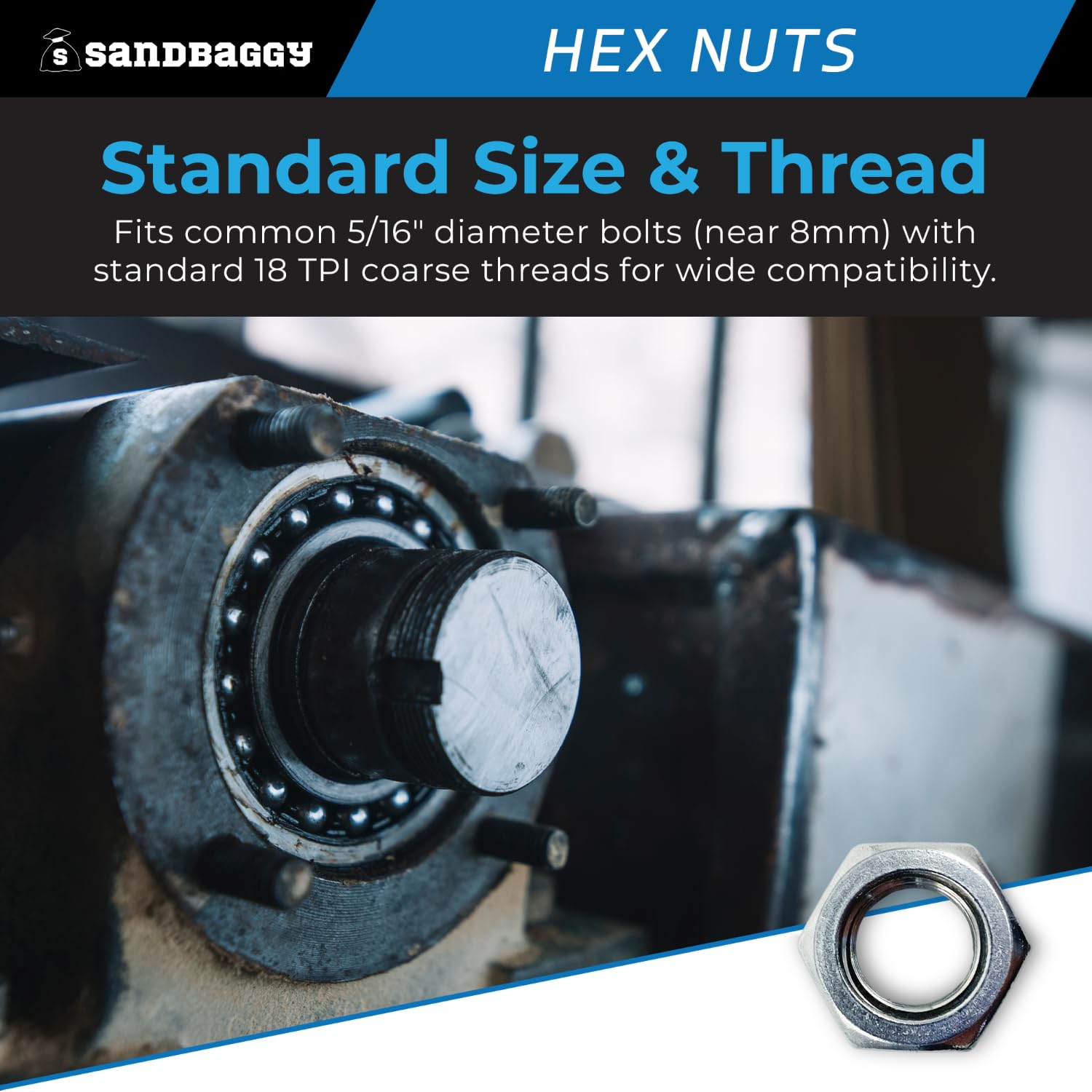 Sandbaggy Grade 2 Hex Nut Zinc Plated (Coarse Thread) - Galvanized (1000, 5/16"-18)