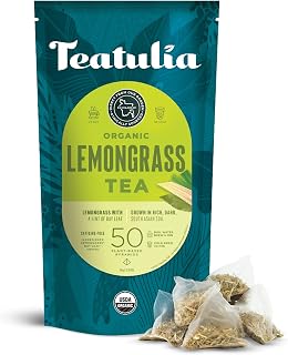 Teatulia Organic Lemongrass Tea + Bay Leaf Tea Bags (50 Pyramid Sachet Teabags) Raw Whole Leaf 100% Compostable And Sustainably Grown In Bangladesh. Caffeine Free Herbal Lemon Grass Tea