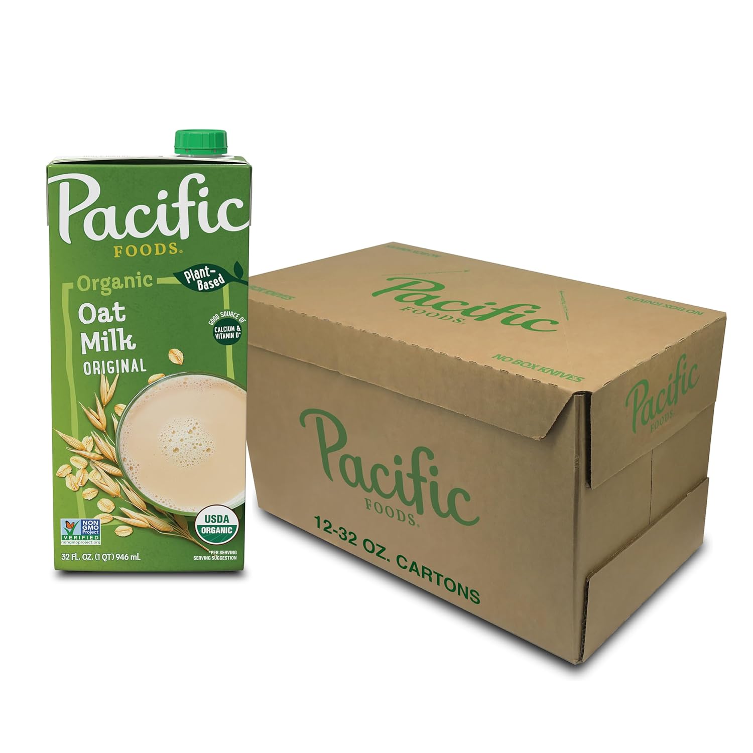 Pacific Foods Original Organic Oat Milk, Creamy Plant-Based Vegan Alternative, 32oz Cartons (12 Pack)