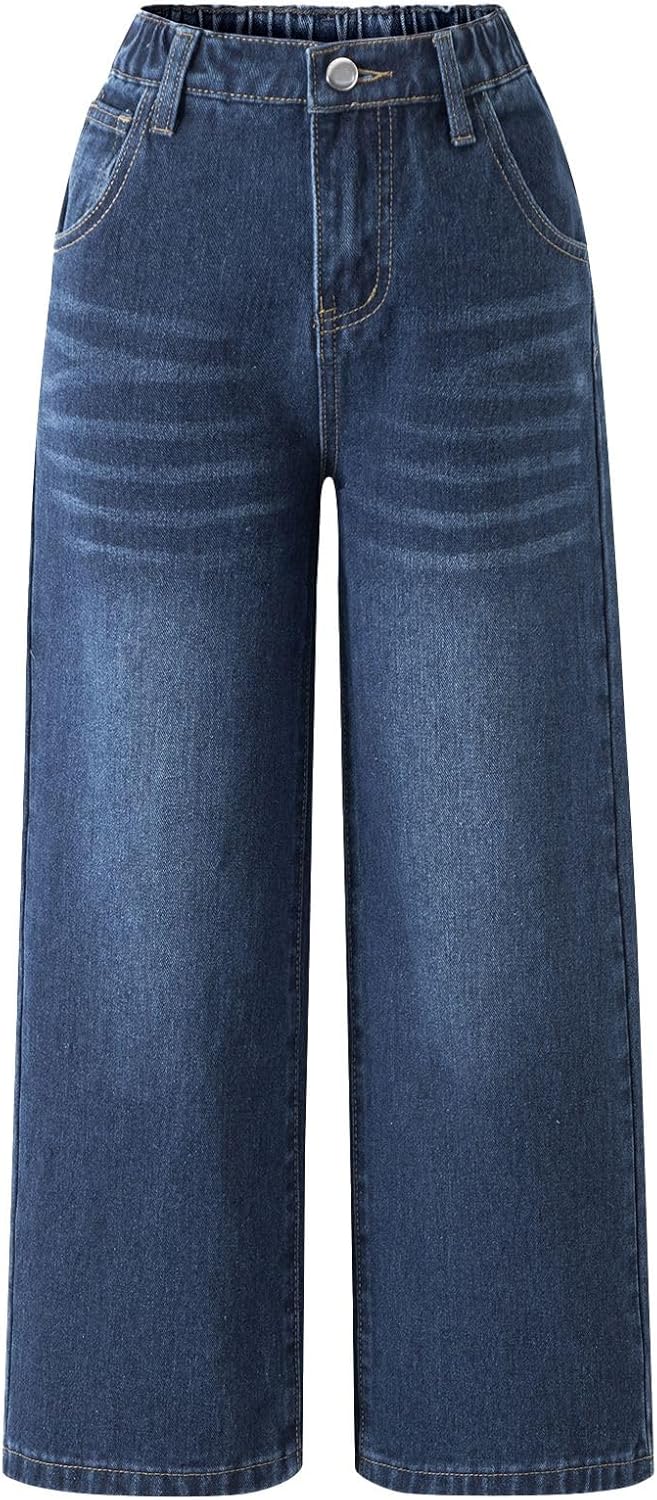 Girls Jeans Wide Leg Baggy Loose Denim Pants Y2K Elastic Waist Kids Trousers Streetwear Washed for 7-14 Years