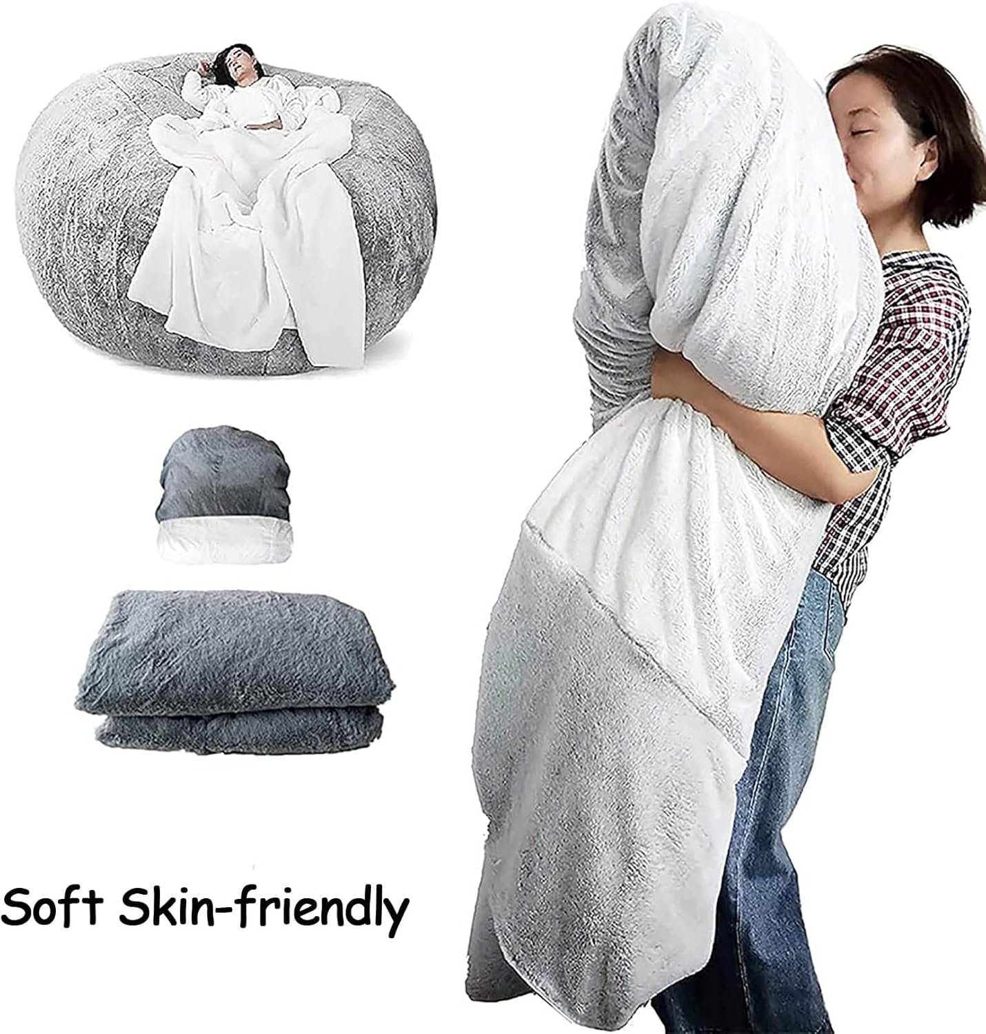 Olbrzymi fotel sako bez wypełnienia, duży, zmywalny, duży fotel sako, gigantyczny pokrowiec z pianki memory, sztuczne futro, rozkładana sofa (bez wypełnienia) (biały, 5 stóp)