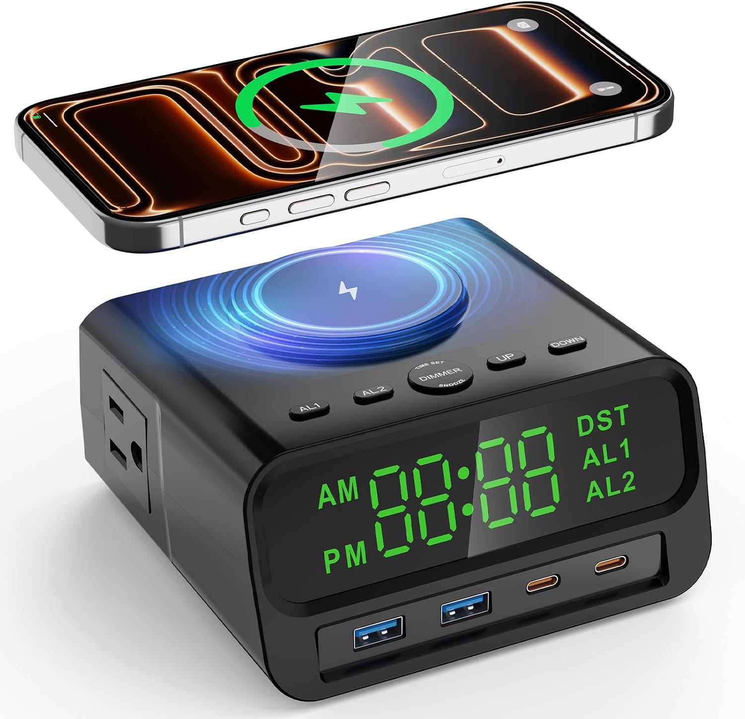 XBA Digital Alarm Clock with 15W Magsafe Wireless Charging for Bedroom | Dual Alarms with Snooze, 4-Level Display Dimmer, 12/24H Time Format, Clean Nightstand Setup, bedroom/desk/guest room