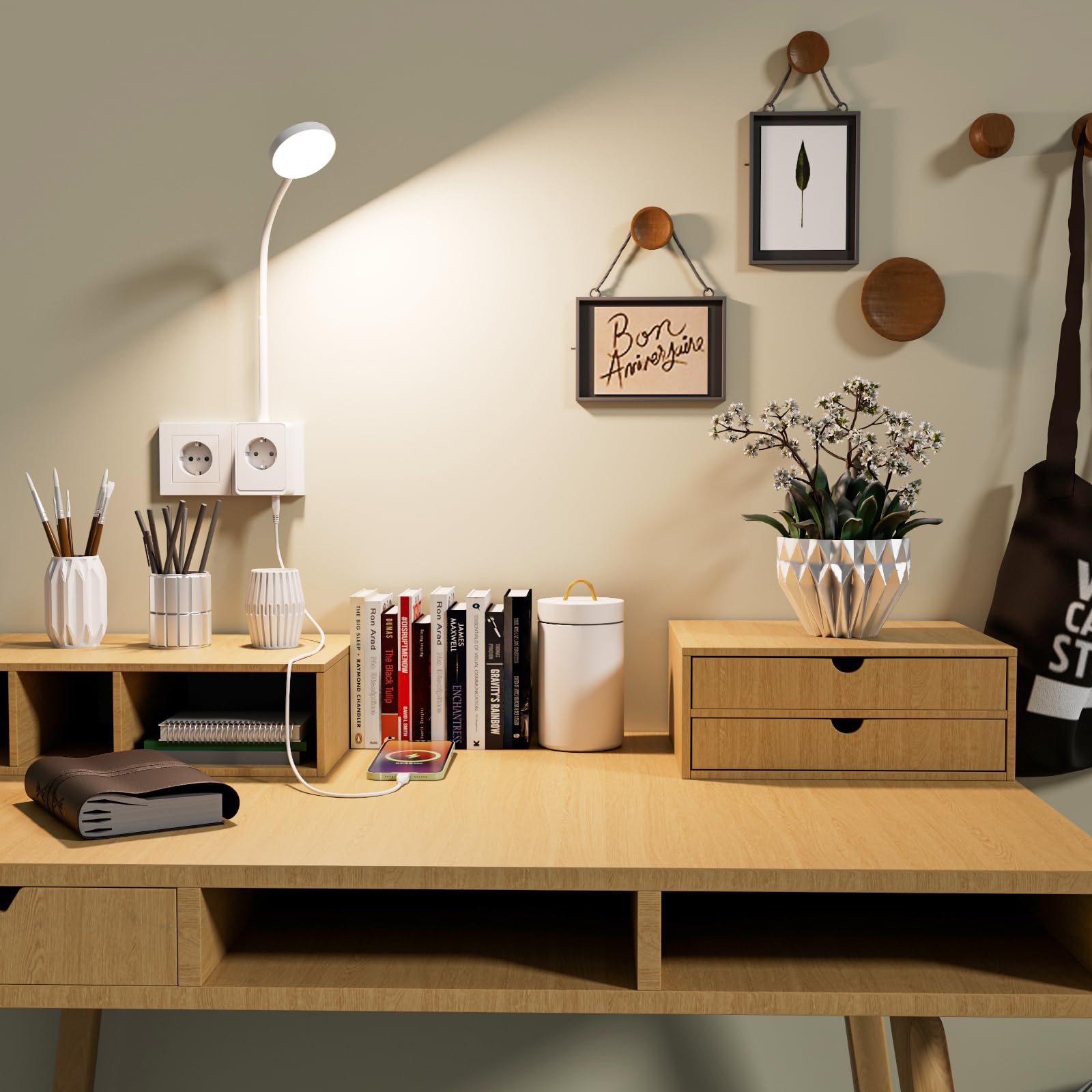 ENUOTEK LED Wandleuchte Wand Leselampe Weiß mit Stecker und Steckdose, Schlafzimmer Steckdosenlampe Touch Dimmbar, 3 Stufen Beleuchtungsfarben, Nachttischlampe mit Typ C und USB Ladeanschluss