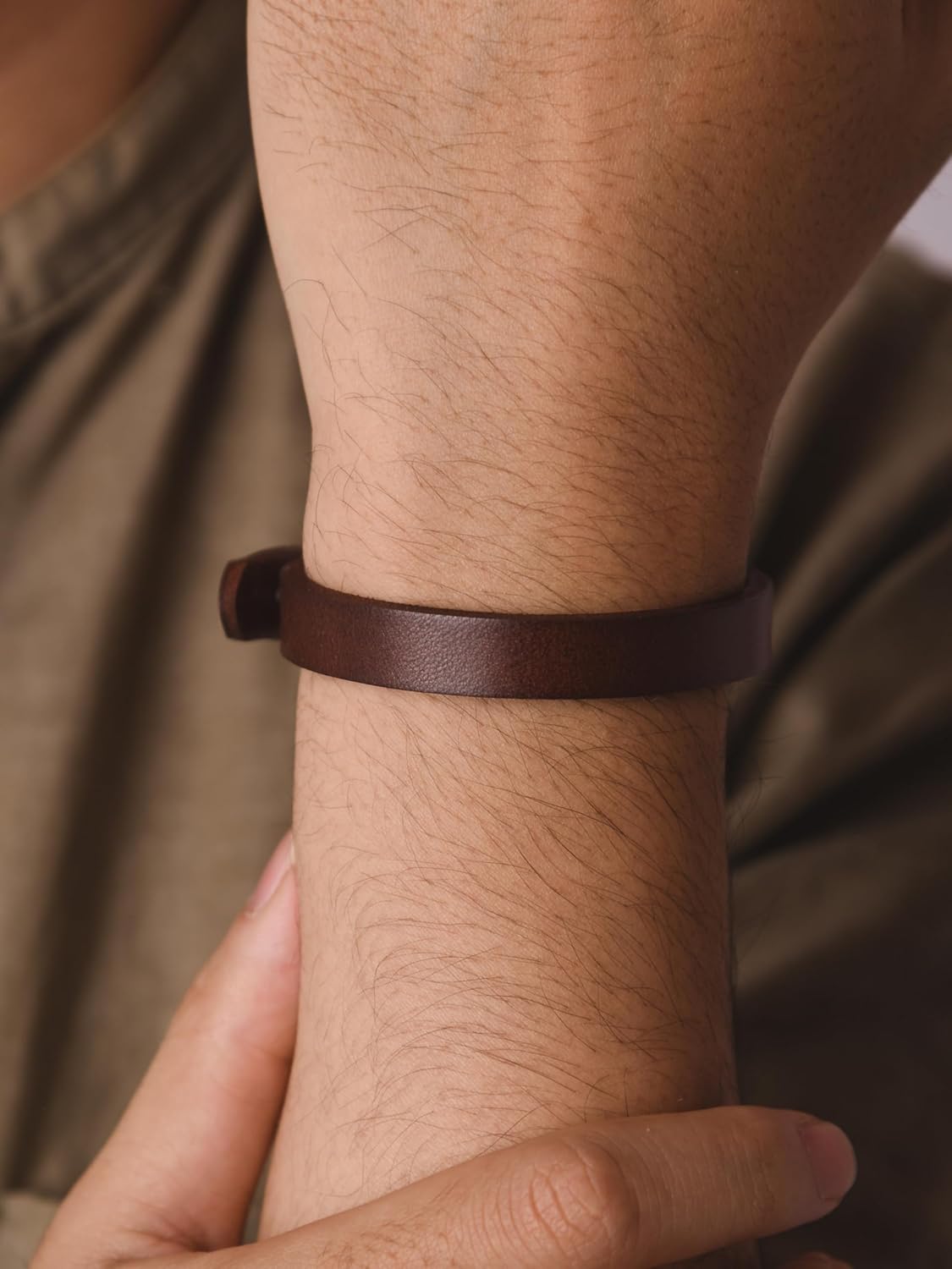 HAQUIL Rustic Brown Genuine Leather Single Wrap Bracelet with Stainless Steel Snap Clasp for Men - Image 7