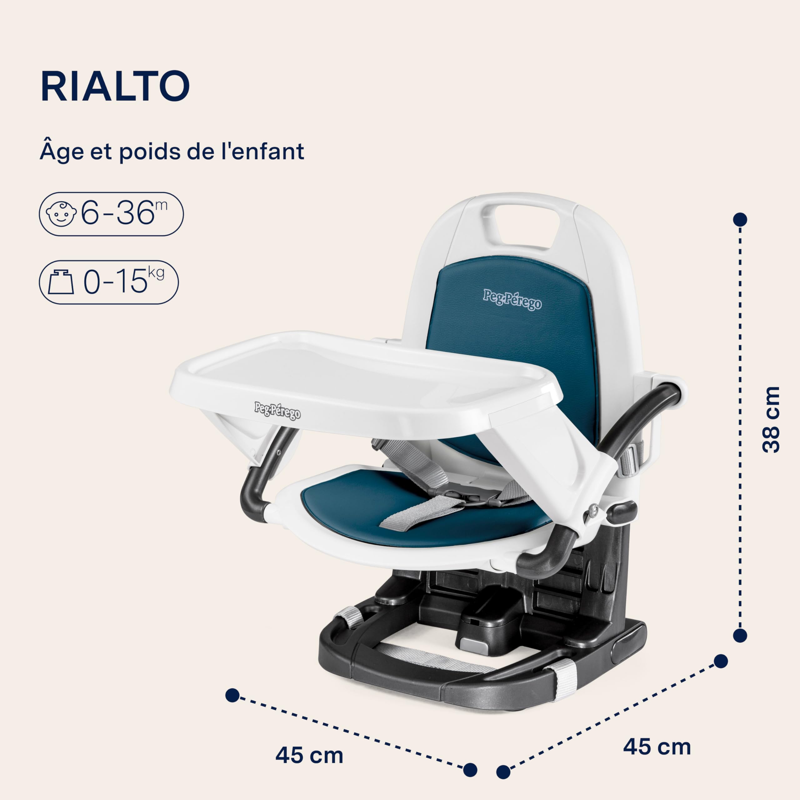 PEG Siège Rehausseur Rialto, Chaise Haute Portable et Réglable pour Bébé, Pliable et Compacte, Tablette Amovible, Idéale pour les Voyages et les Enfants de 6 mois à 3 ans (0-15 kg), Couleur Pétrole
