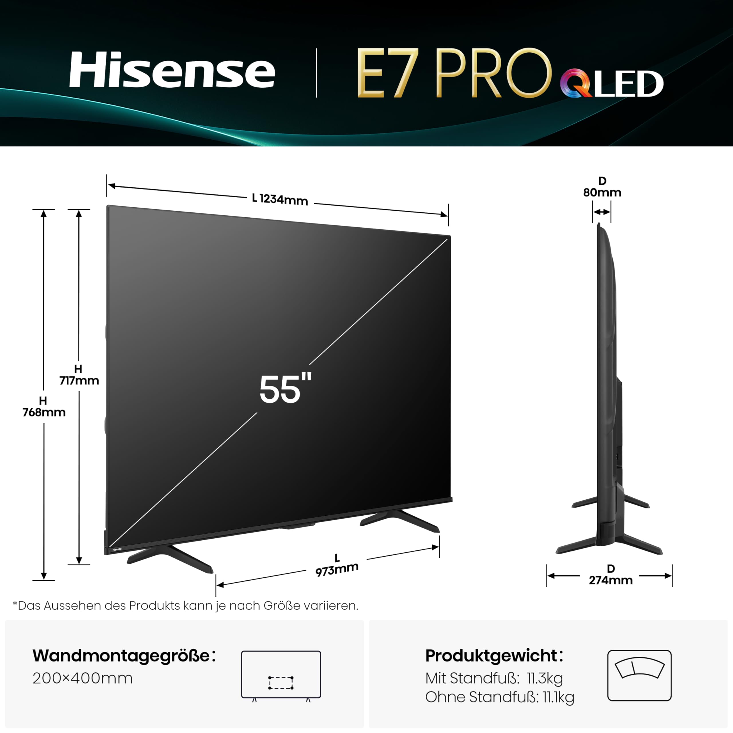 Hisense 55E7Q PRO Fernseher 139cm (55 Zoll) 4K UHD QLED, Smart TV,144Hz Game Mode PRO,Filmaker Mode, AMD FreeSync Premium,AI HDR Upscaler,Dolby Vision IQ,Dolby Atmos,Sprachsteuerung[2025]