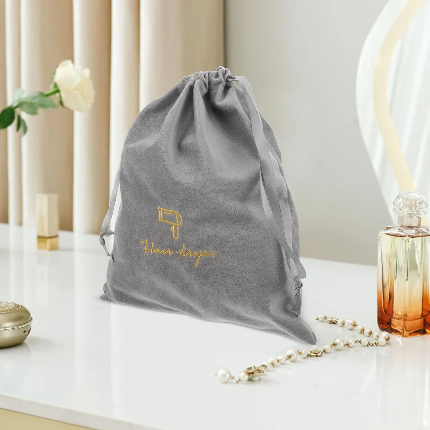 Portable Velvet Hair Dryer Bag for Blow Dryer and Other Small Items, Compact Travel Organizer with 26x30cm Size, for Hotel Use and Traveling