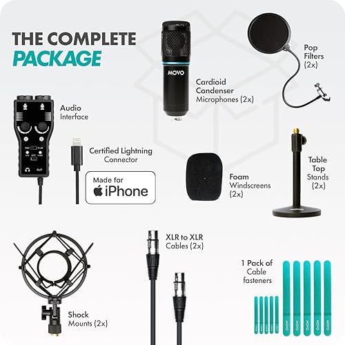 Miniatura 6 de Movo Kit de micrófono de grabación de podcast para smartphone, paquete de 2 micrófonos de condensador, 2 soportes de micrófono de escritorio, 2
