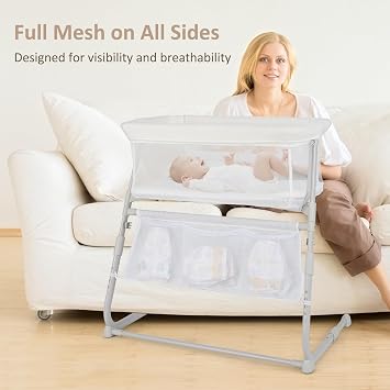 INFANS Over Bed Bassinet for Baby, Bedside Sleeper with Lowering Wall for Easy Access, Safe Close Sleeping, Adjustable Height, Storage, Newborn Infant Girls Boys (White)