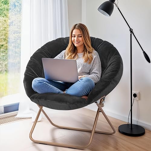 Miniatura 4 de MoNiBloom Silla redonda plegable de piel sintética para dormitorio, sala de estar, jardín, patio, marco de metal plegable, grande, cómoda,