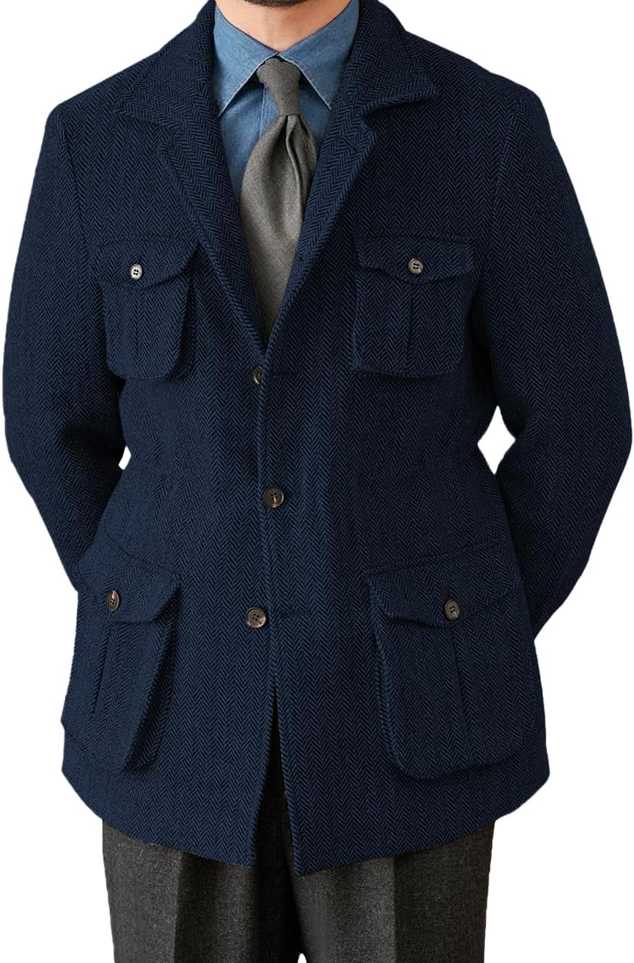 Men's Vintage Herringbone Tweed Blazer Classic Sport Coats Three Button Wool Blend Formal Coat with Four Pockets for Men