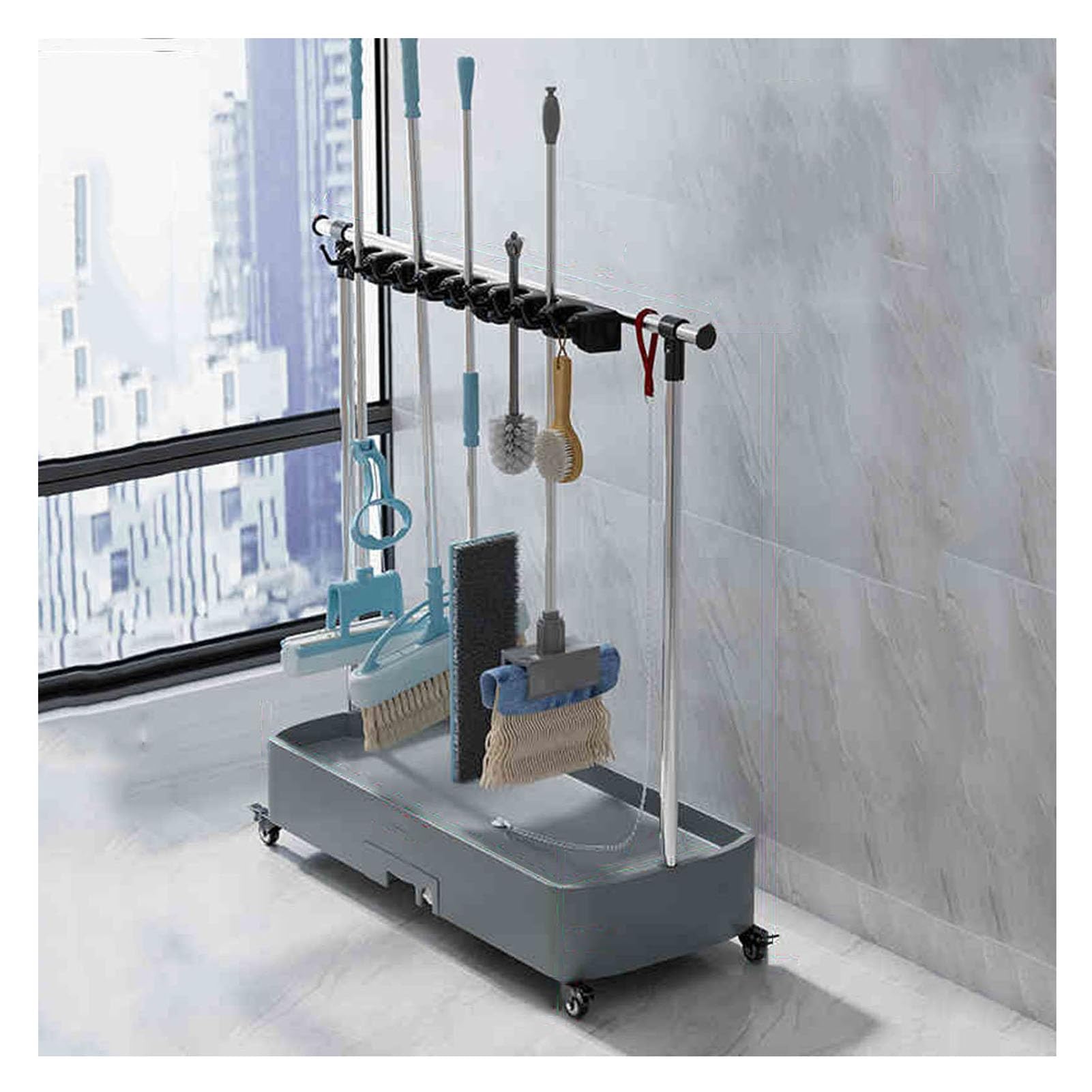 Estante para fregona y escoba, soporte de metal para fregonas húmedas, herramientas de mango largo, rastrillos y escobas, solución de almacenamiento para organizar suministros de limpieza