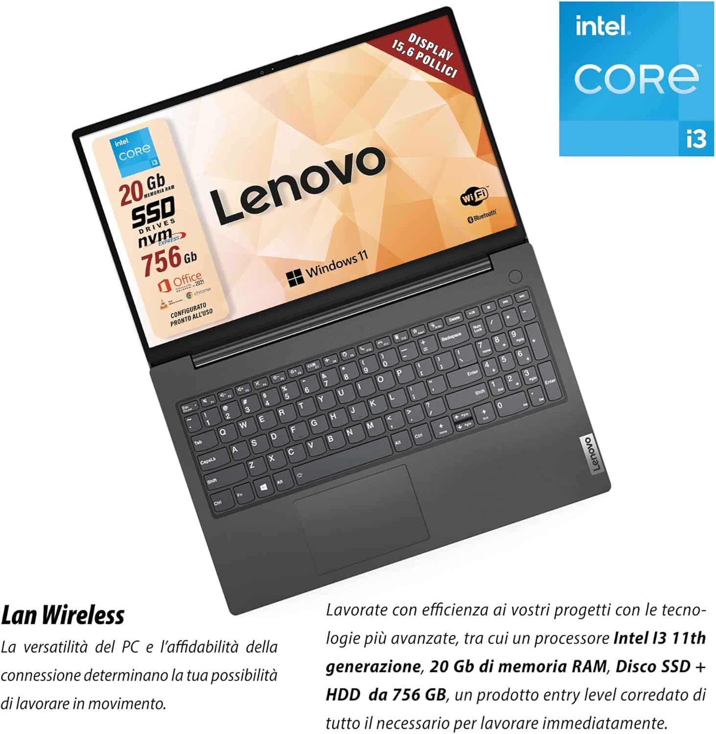 Lenovo, Pc portatile notebook pronto alluso, Display FHD da 15,6, cpu Intel i3 11th, ram 20Gb, sshd 756Gb, windows 11 pro, computer portatile con pacchetto Office 2021