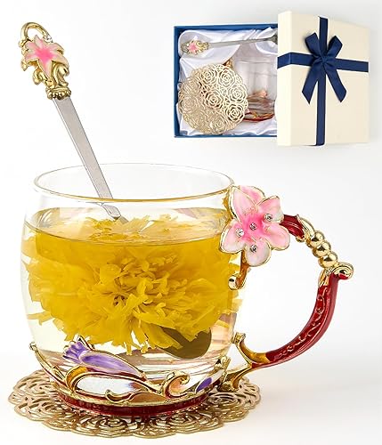 Vista 78 de Taza de té de flores, taza de café de cristal transparente con cuchara, caja de regalo para su madre, esposa, abuela, niñas, amigos, San Valentín