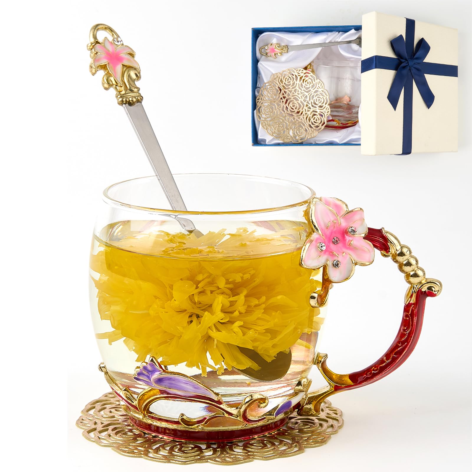 Flower Tea Cup ,Lily flower Clear Glass Fancy Coffee Mug with Spoon,Gift Box for Her Mom Wife Grandma Girls Friends Valentines Christmas Birthday Present Idea for Juice,Hot And Cold Drinks Use