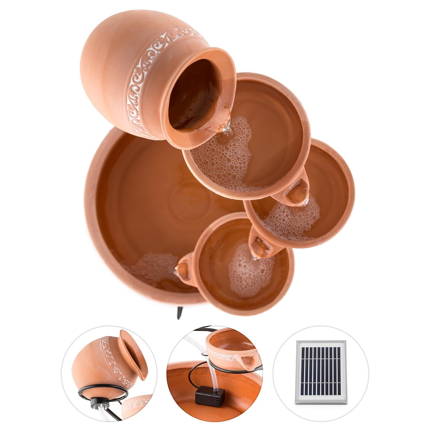 Blumfeldt Empoli Fuente en Cascada con energía Solar (5 Niveles de Agua, recipientes de Terracota, 200L/h, Bomba de 2 W, 4 LED, decoración Interior o Exterior, Soporte de Hierro)