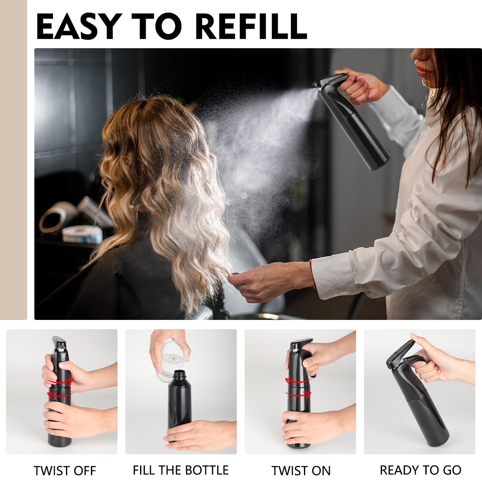 Romon Spray Capelli, 300 ML Nebulizzatore Acqua, Bottigliette Spray Flacone Spray, Spruzzatore A Pressione Continuo Ultra Fine Parrucchieri, Accessori Per Parrucchiere, Flacone Spray Per Piante, Nero