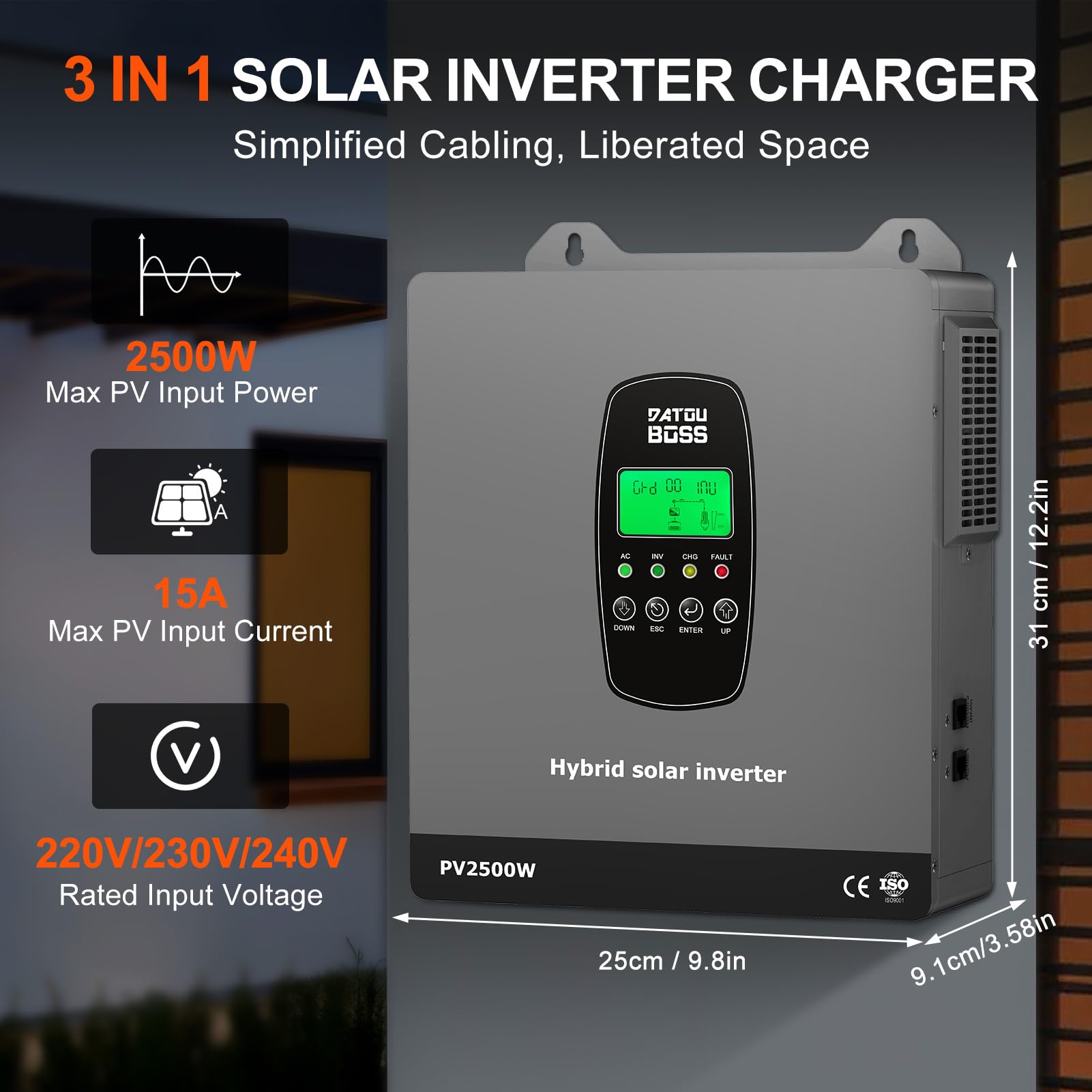 DATOUBOSS Inverter Ibrido Solare 1800W 12V Onda Sinusoidale Pura, Inverter 12V a 220V/230V AC con Regolatore di Carica Solare MPPT, Sistema di Protezione BMS, per Batterie al Litio (12V-1800W)