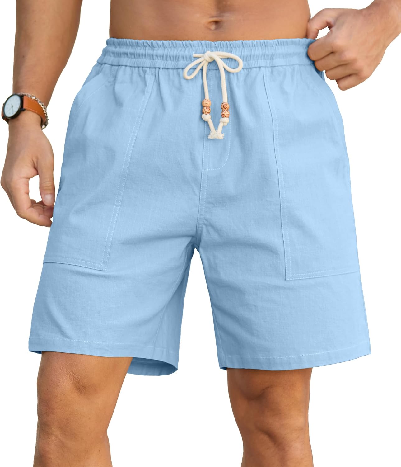 Sailwind Men's Linen Cotton Shorts 7" Elastic Waist Drawstring Casual Summer Beach Shorts