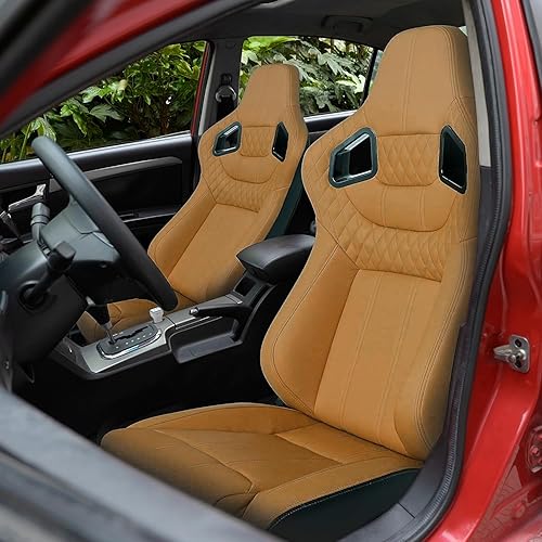 Miniatura 2 de Asientos universales para carreras, cuero de PVC beige, reclinable, con doble deslizador, asiento inferior bajo (no incluye soporte de asiento)