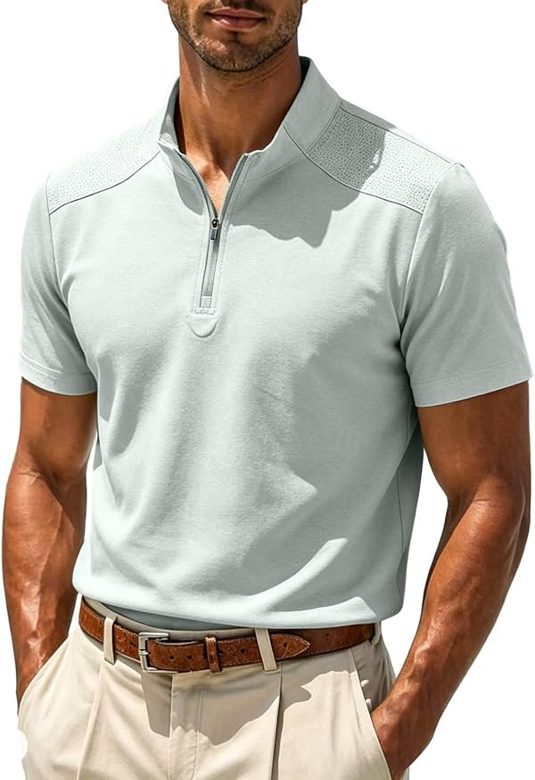 Camiseta deportiva de manga corta para hombre, cuello redondo, ligera, con cremallera 1/4