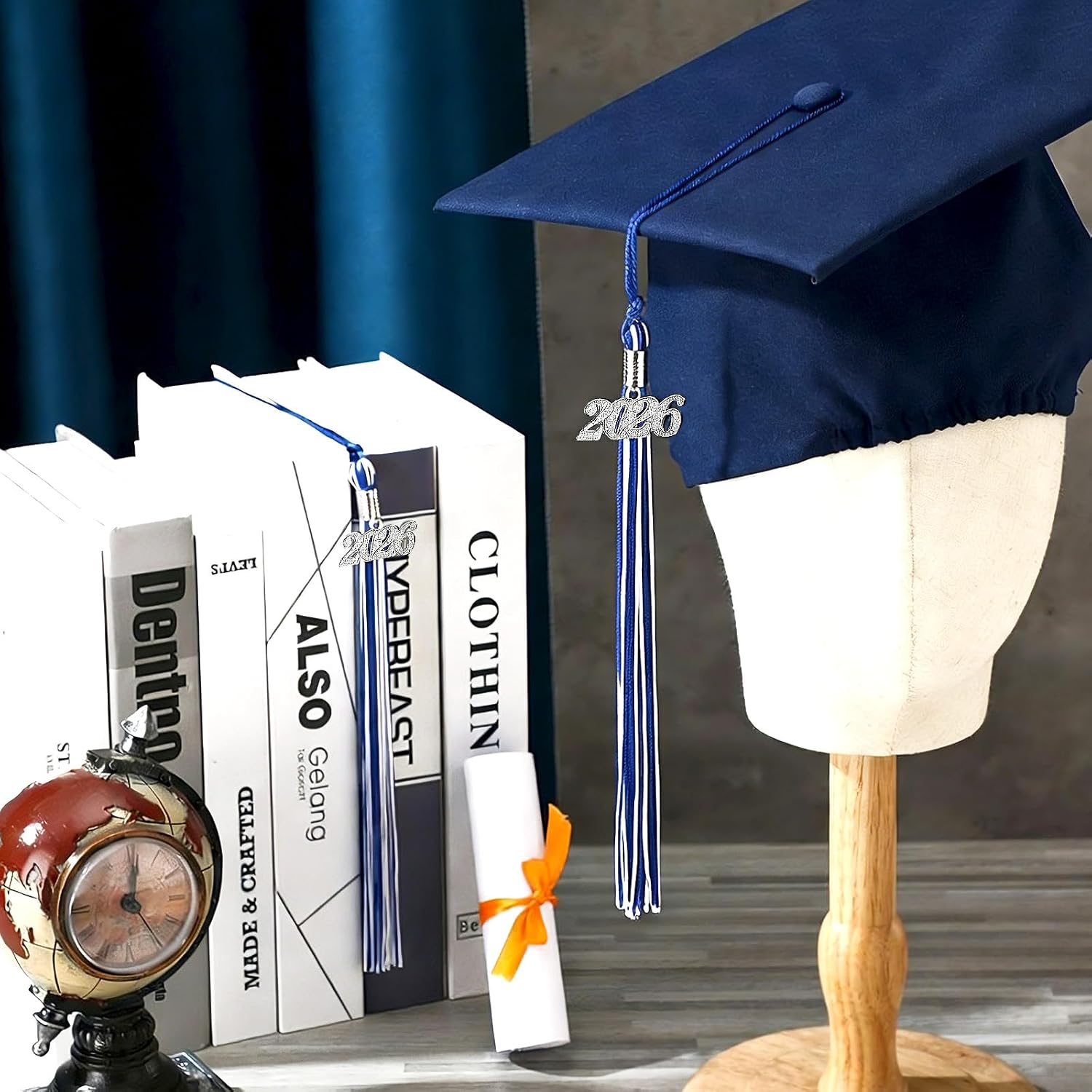 24 Pieces Graduation Tassels with 2026 Year Date Charms Grad Graduation Cap Tassel Decoration for 2026 Party Gifts Activities, 16.2 Inch(Royal Blue, White, Silver)