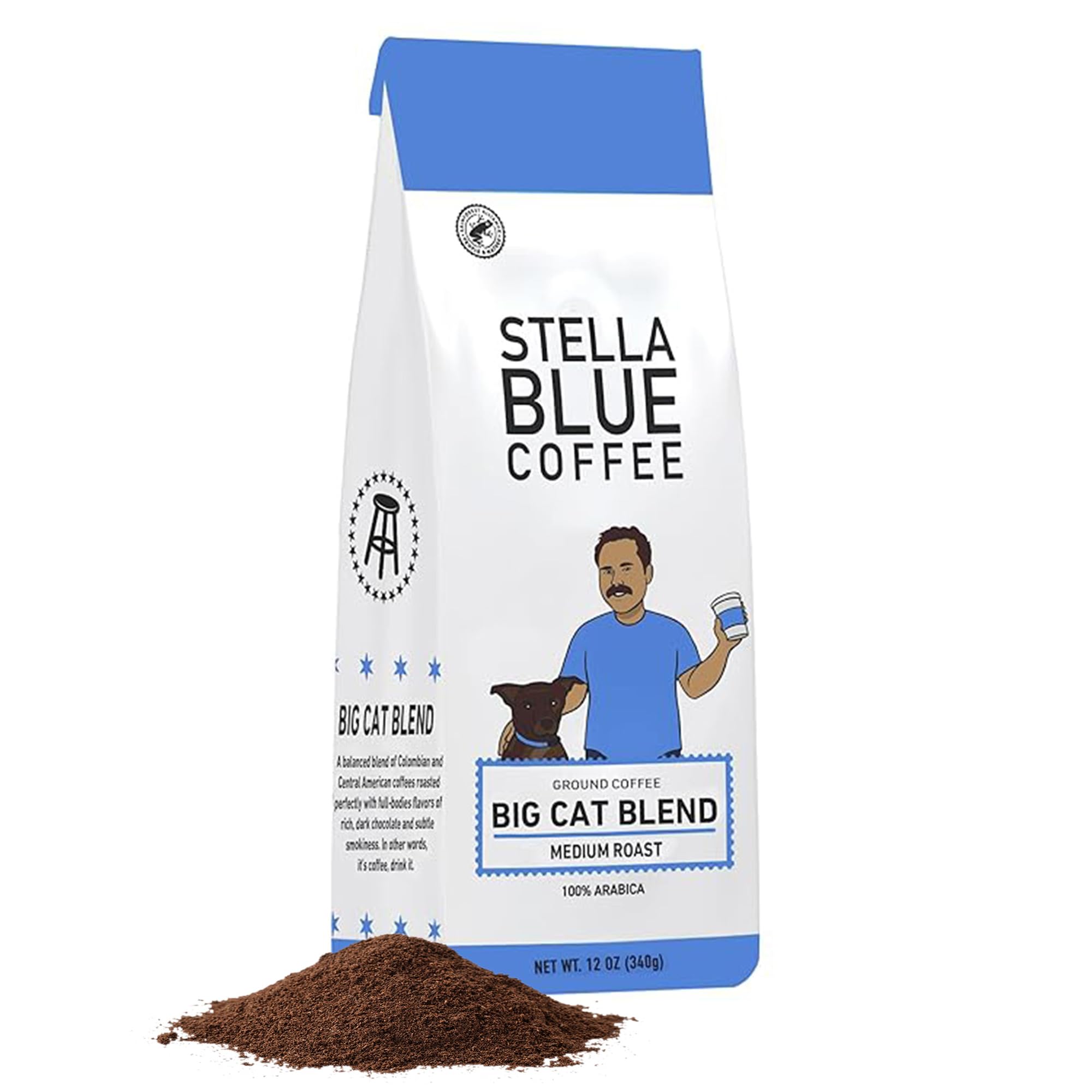 Stella Blue Ground Coffee, Big Cat Blend, Medium Roast, Caramel, Hazelnut and Fruity Notes, 100% Arabica, Ethically Sourced from Central and South America, 12 oz bag