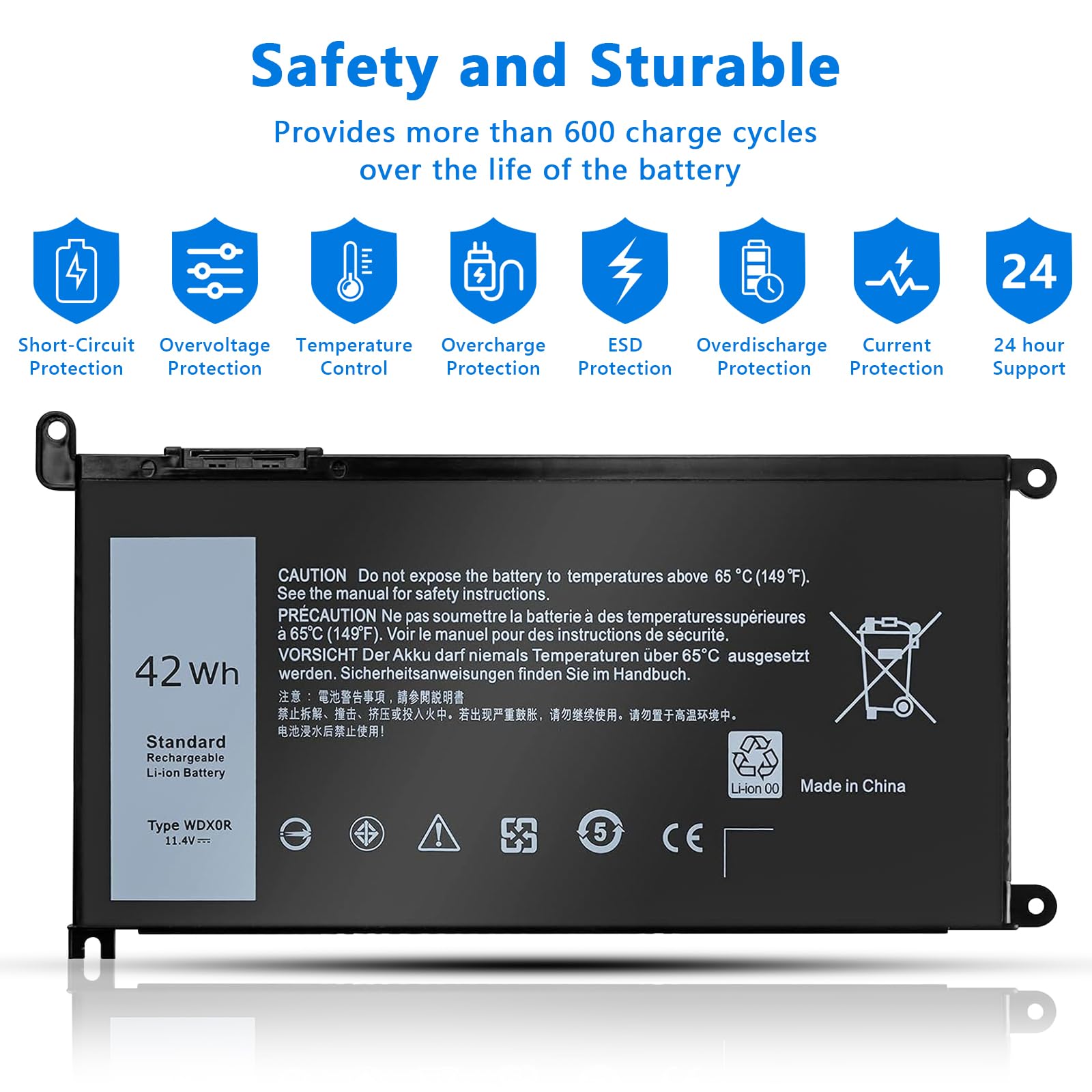 WDX0R Laptop Battery Replacement for Dell inspiron 13 14 15 7000 5000 Series 5379 5567 5570 5579 7378 7573 7579 Latitude 3500 3400 3340 3580 3590 3480 3490 3189 3390 3190 P69G P58F 3CRH3 42Wh 11.4V