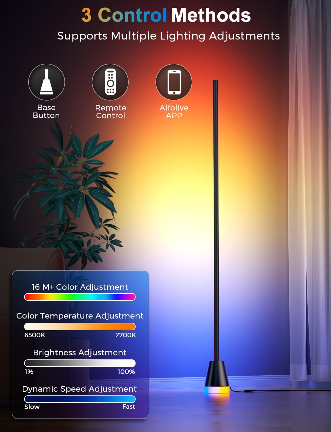 RGB Floor Lamp, Smart LED Corner Lamp for Living Room Bedroom, 16 Million DIY Colors Standing Lamp with Music Sync App & Remote Control, Cool Modern Mood Light Ambient Lighting, Black - Image 4