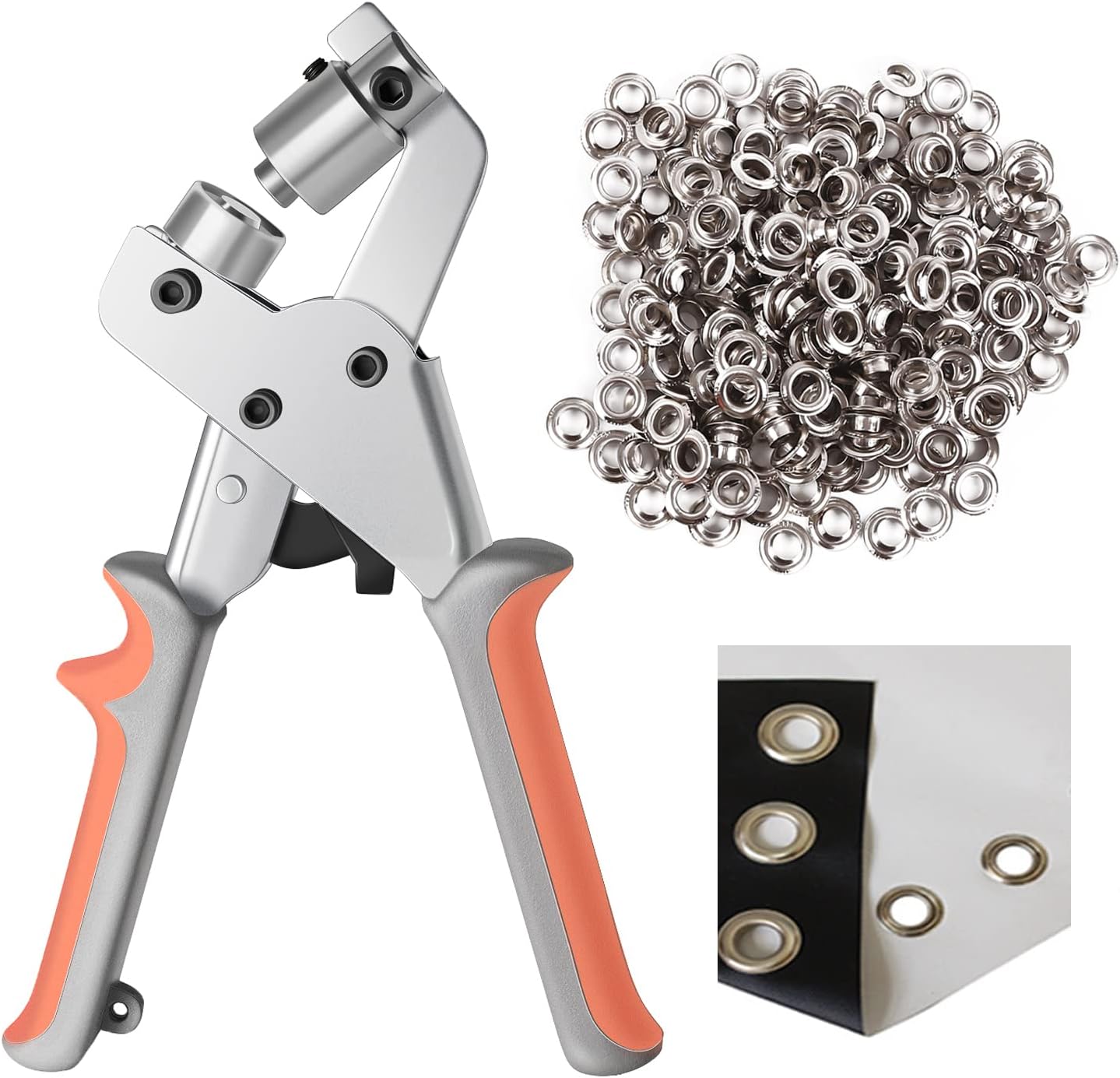 Grommet Handheld Hole Punch Pliers Portable Grommet Machine Hand Press Tool Manual Puncher w/ 500pcs Silver 3/8 Inch (10mm) Grommets