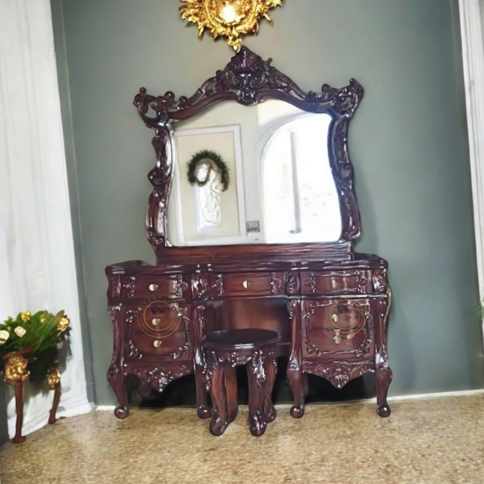 IMPRESSION ART STORE Luxurious Hand-Carved Teak Wood Dressing Table with Mirror – 7 Storage Drawers, Walnut Finish, and Matching Stool Utility Shelf Table for Bedroom/Living Room-image-34