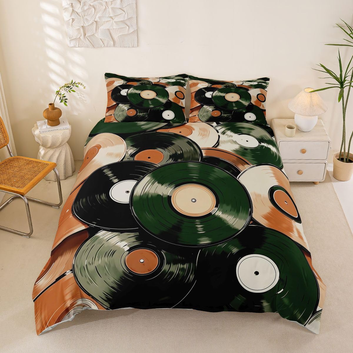 Homewish Set di biancheria da letto per letto super king size con dischi in vinile vintage e copripiumino semplice e alla moda per amanti della musica