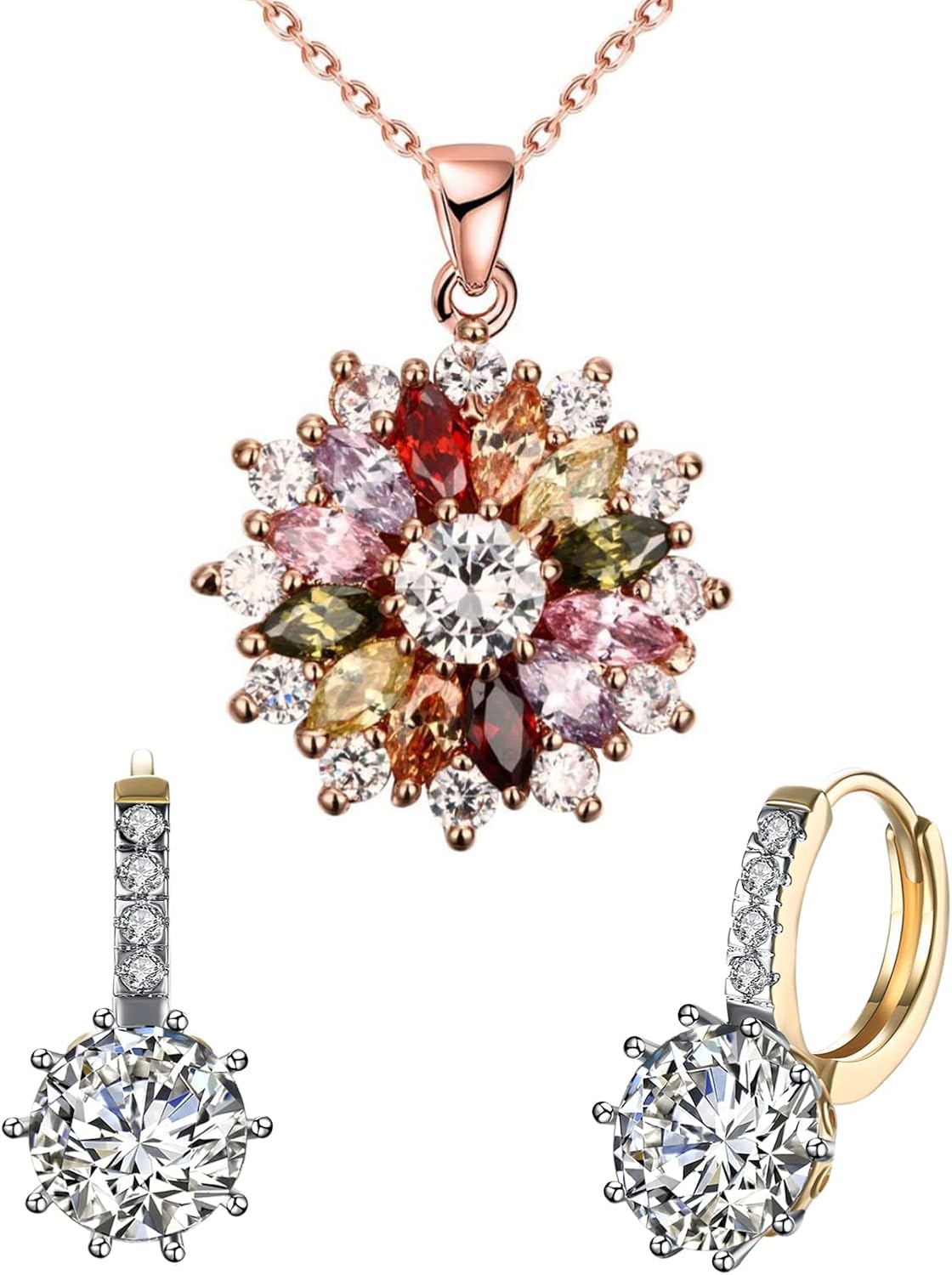 Colorful Snowflake Pendant Necklace, Round Crystal Flower Pendant Earring Set,18k Rose Gold Plated Ladies with 5A Cubic Zirconia Christmas Jewelry Gift Birthday Gifts for Her