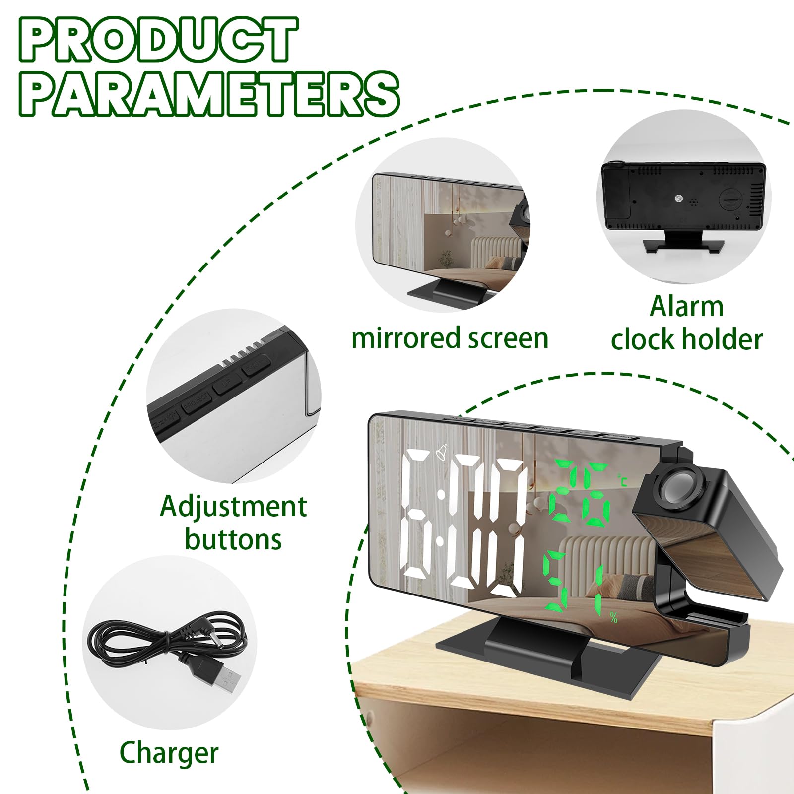 Projection Alarm Clock, Digital Clock with 180° Rotatable Projector, 4 Level Dimmable Mirror Projection Clock, Large Display Digital Projection Alarm Clocks with Snooze for Home Office Dorm (White)