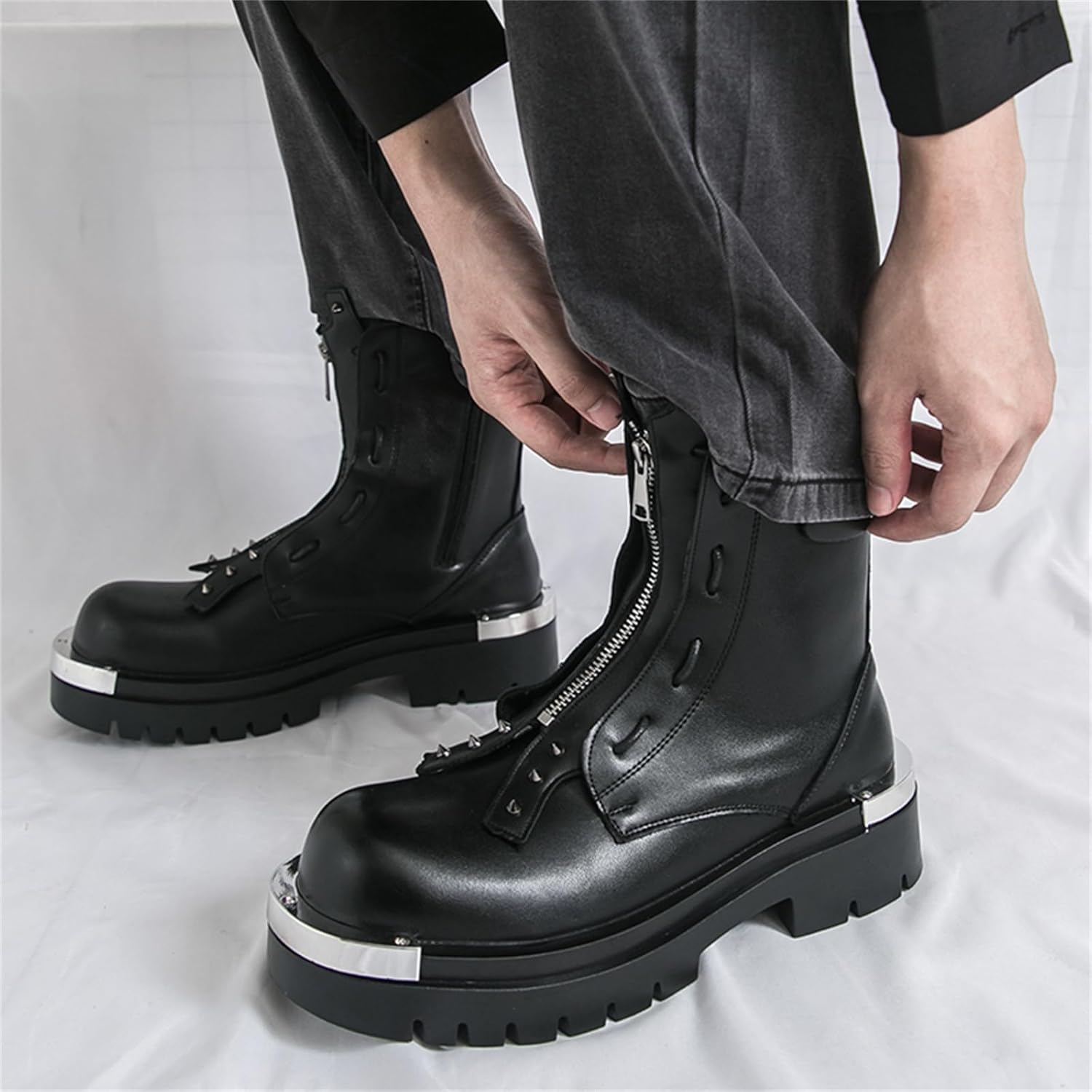 Men's Black Leather Chunky Platform Zipper Front Dress Ankle Combat Boots Closure Casual Non Slip Big Round Y2K Motorcycle Boots for Daily Casual Party Wedding Office
