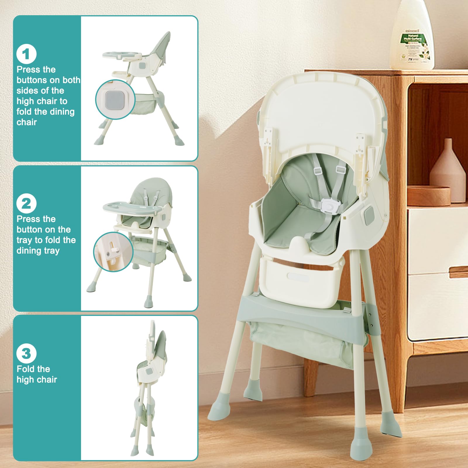Trona Bebé Evolutiva 3 en 1,Plegable,Reclinable,Doble Bandeja Desmontable,con Ruedas Universales,3 Respaldos Ajustables y Cinturón de Seguridad de 5 Puntos,Para Bebés a partir de 6 Meses,Verde