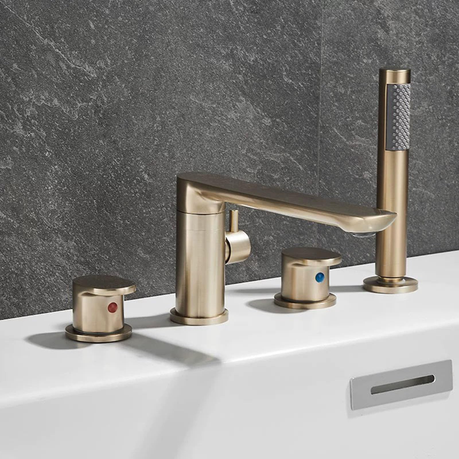 Grifo Mezclador de Ducha Y Bañera de 4 Orificios Retráctil con Rotación de 360° para Agua Caliente Y Fría de Latón Acabado Dorado Cepillado