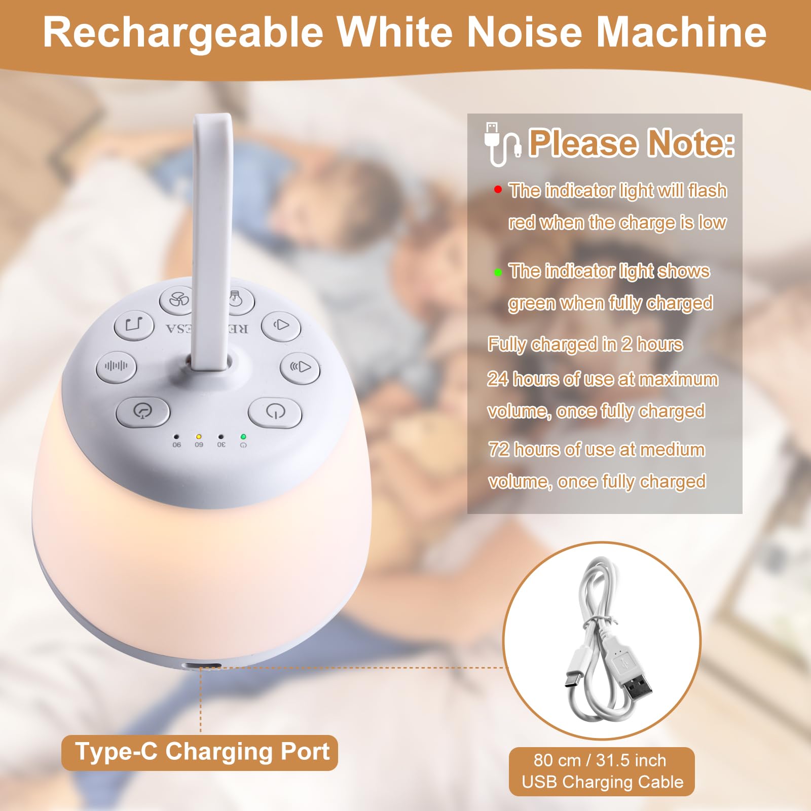 Macchina audio da viaggio con luce notturna, macchina portatile per il rumore bianco con 21 suoni lenitivi, timer e funzione di memoria, macchina per dormire ricaricabile per meditazione domestica e