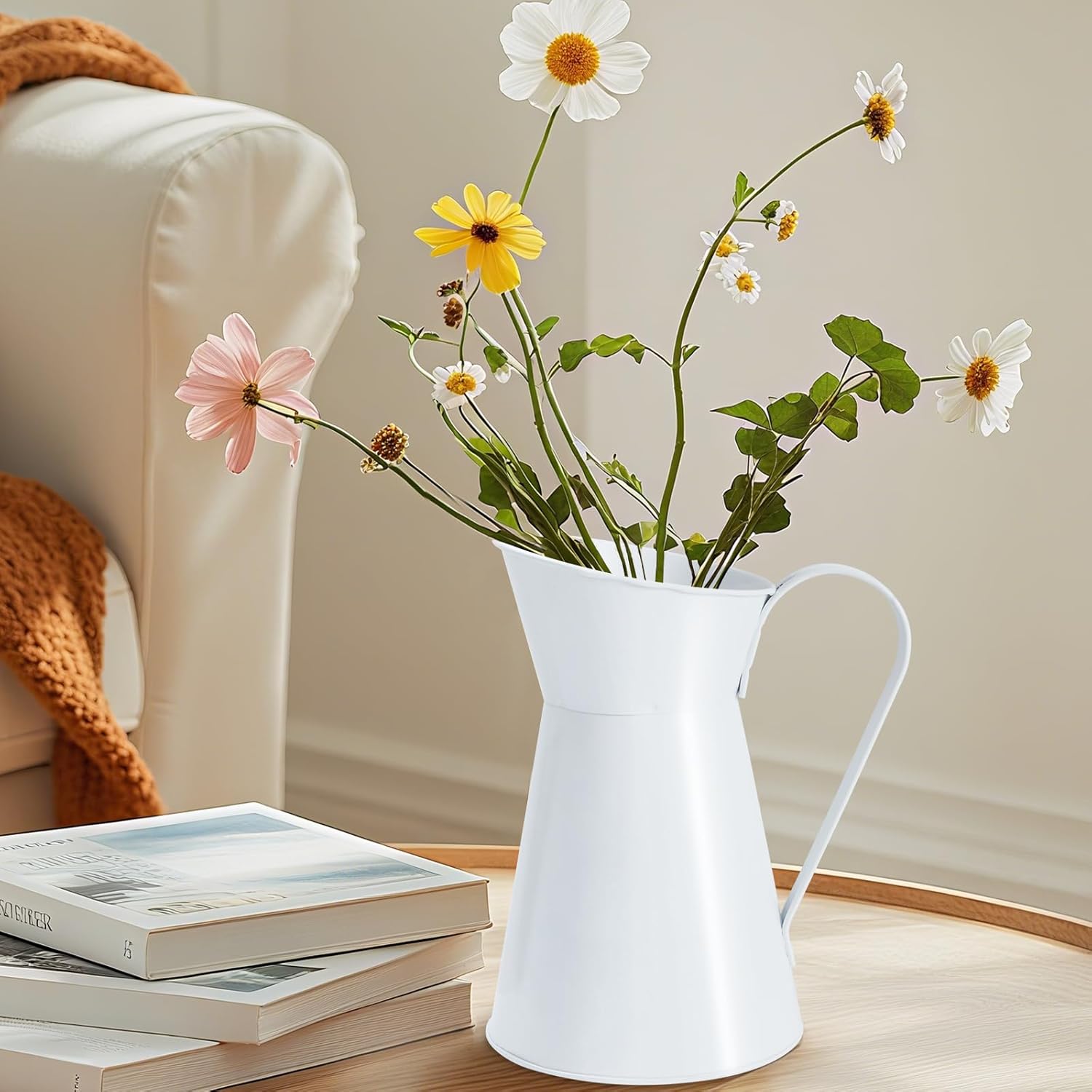 Metal Watering Pitcher, Cream Farmhouse Style Flower Vase, Decorative Milk Jug for Home Decor, 7.87 inch Height (White) - Image 6