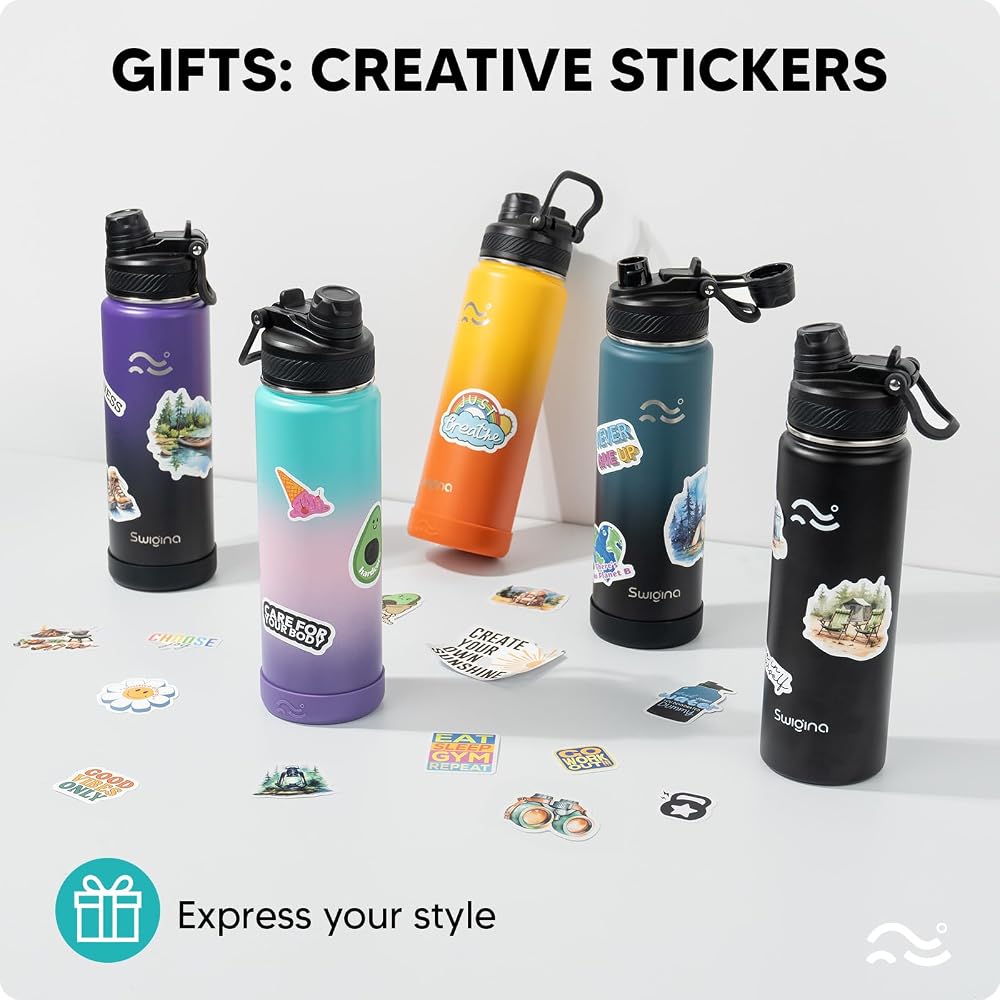 Insulated Water Bottle with Silicone Boot (36hrs Cold/18hrs Hot) - DIY Stickers, Leakproof, BPA Free, 24 oz [2-IN-1 LID]