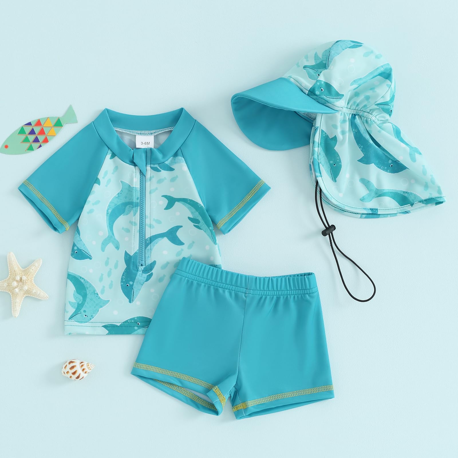 Baby Kids Boys Rash Guard 3 Pieces Set Short Sleeve Shark Dolphin Print Top with Shorts Hat Swimsuit Summer Swimwear (Sky Blue Dolphin, 4-5 Years)